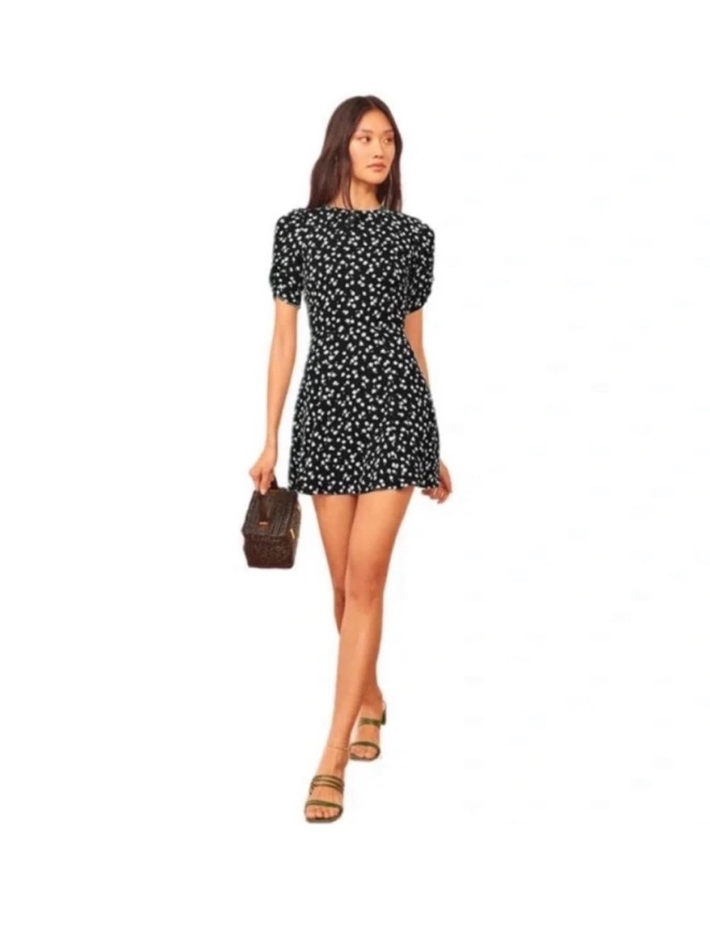 Reformation Gracie Black Floral Puff-Sleeve Mini Dress